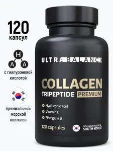 Коллаген морской UltraBalance трипептид с гиалуроновой кислотой и витамином С, капсулы 120 шт. Для волос, кожи, ногтей, суставов, связок, костей. Женщинам, мужчинам, спортсменам