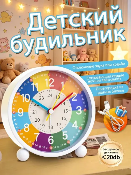 Часы будильник детские настольные обучающие, зарядка от USB