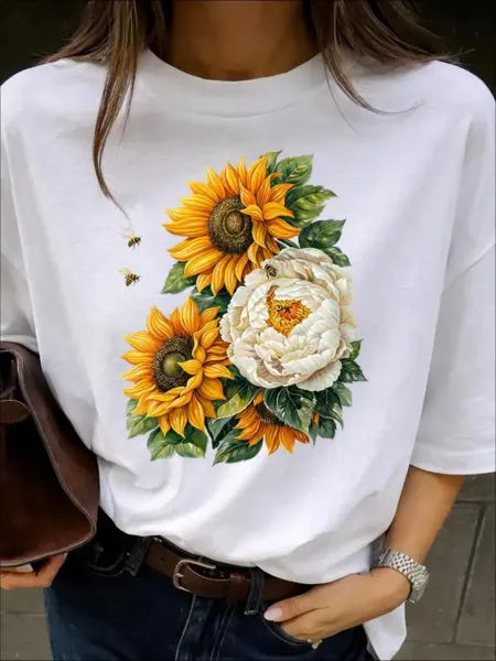 WAKA WAKA SHOP Футболка белая нарядная с принтом цветы подсолнуха на весну