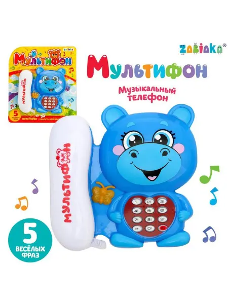 ZABIAKA Музыкальный детский телефон Бегемотик, батарейки, голубой