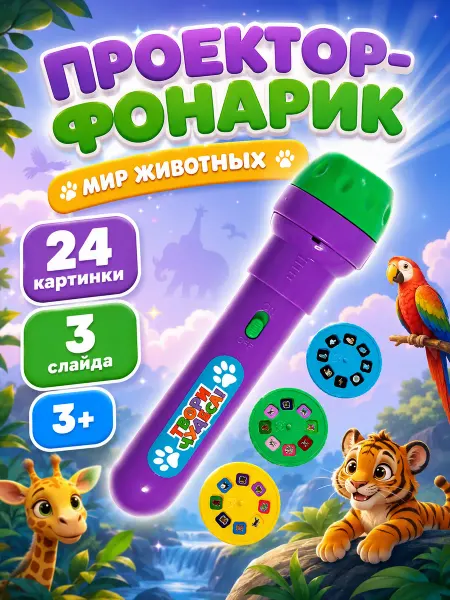 ZABIAKA Игрушка фонарик проектор со слайдами Животные цвет Микс
