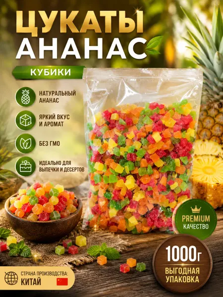 Нет бренда Цукаты из сушеного ананаса в кубиках 1кг