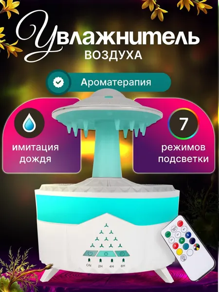 Увлажнитель воздуха Гриб с эффектом дождя / Аромадиффузор / Ночник с многоцветной подсветкой