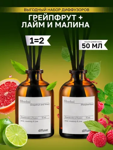 Набор ароматических диффузоров Грейпфрут и лайм + Малина / ароматизатор для дома с палочками 2 шт