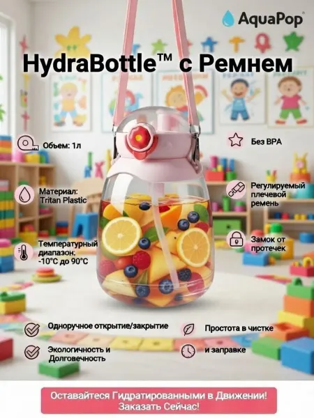 Детская бутылка для воды 1 л с трубочкой