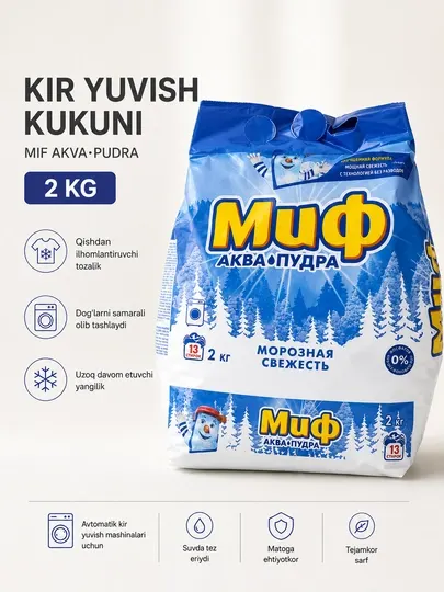 Стиральный порошок Миф, 2 кг, автомат, для белого и цветного белья