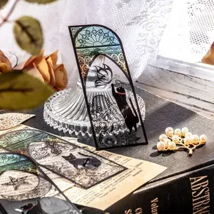 Закладки для книг "Кот и бабочка", прозрачные закладки винтажные с узорами, набор 6 штук.