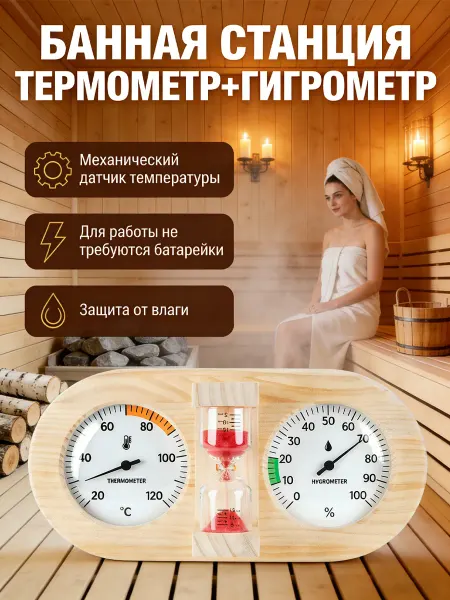 Банная станция Термометр с гигрометром и песочными часами