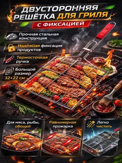 Профессиональная решётка для гриля и барбекю с надёжной фиксацией