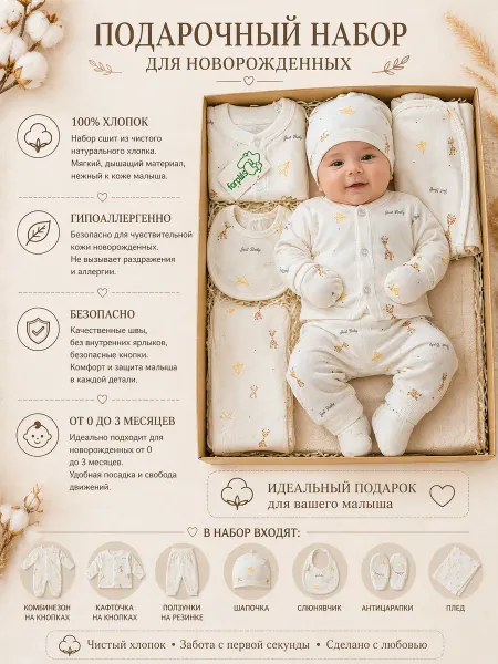 Детский комплект для новорожденных (0–3 мес) из хлопка