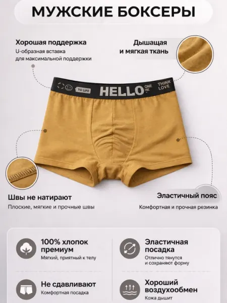 Мужские трусы боксеры бесшовные, хлопковые, дышащие, мягкие, удобная посадка