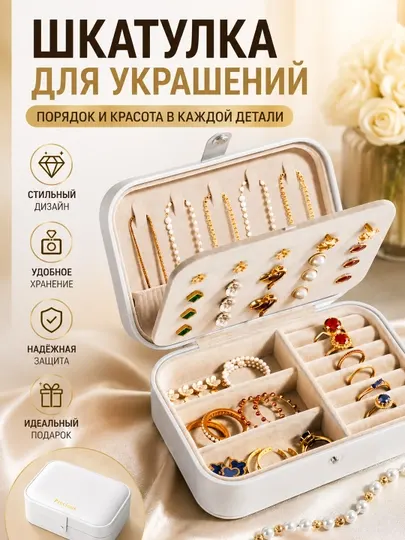 Шкатулка для украшений дорожная, органайзер для хранения колец, серег и бижутерии
