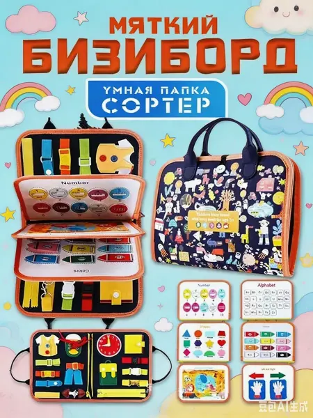 Бизиборд мягкий для малышей развивающая игрушка папка