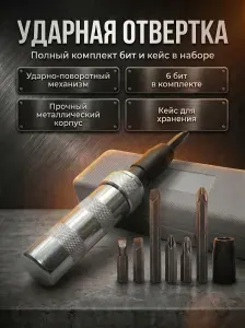 Отвертка ударная поворотная с набором бит в кейсе