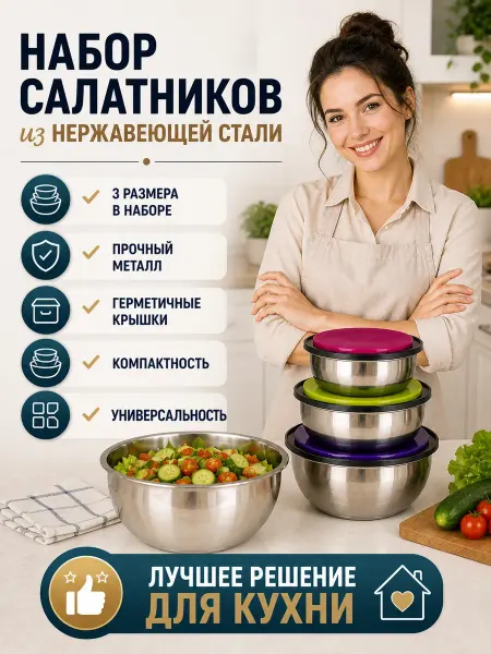 МОН БЛАН Салатники с крышкой из нержавеющей стали 3шт