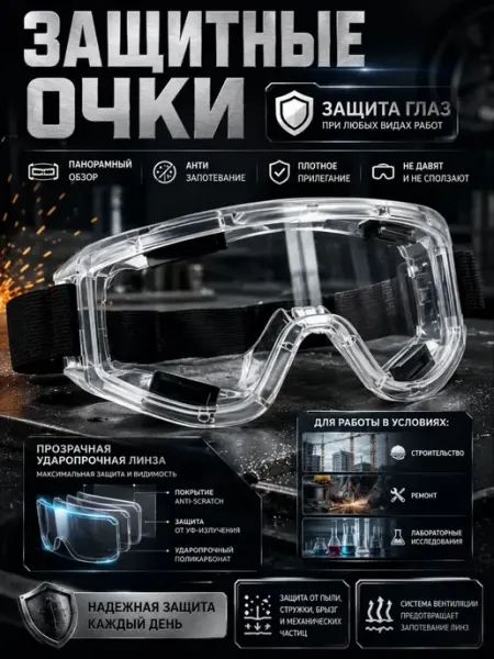 Нурнур Защитные очки для болгарки, от пыли строительные закрытые