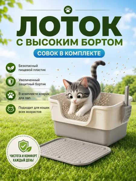 Лоток для кошек большой высокий борт с ковриком и совком