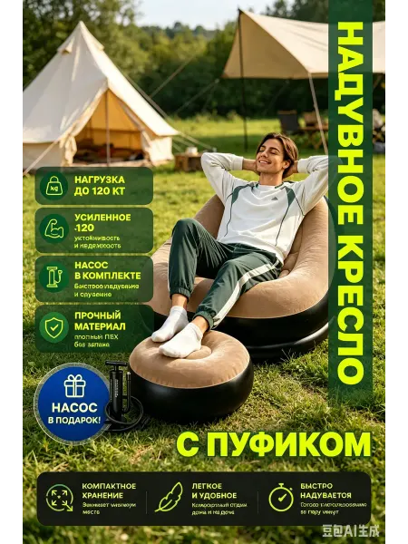 Надувное мягкое кресло с пуфом насос большой нагрузки