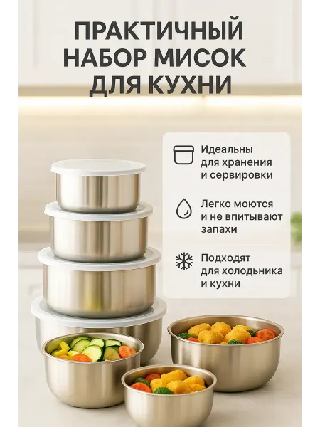 Набор кухонных мисок с крышками 5 штук