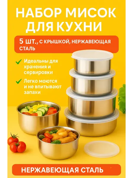 Набор кухонных мисок с крышками 5 шт