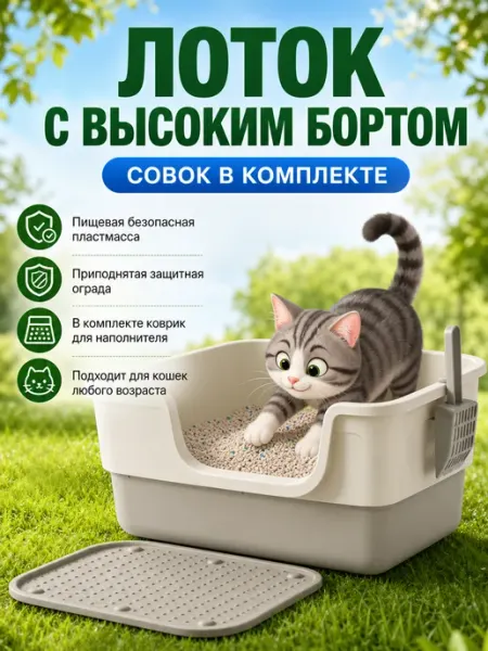 Лоток для кошек с высоким бортиком с Коврик от наполнителя