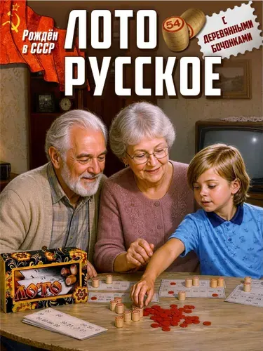 Настольная игра Русское лото классическое с деревянными бочонками в жёлтой картонной коробке Десятое королевство