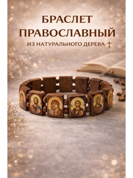 Церковный магазинчик Браслет православный с иконами из дерева коричневый