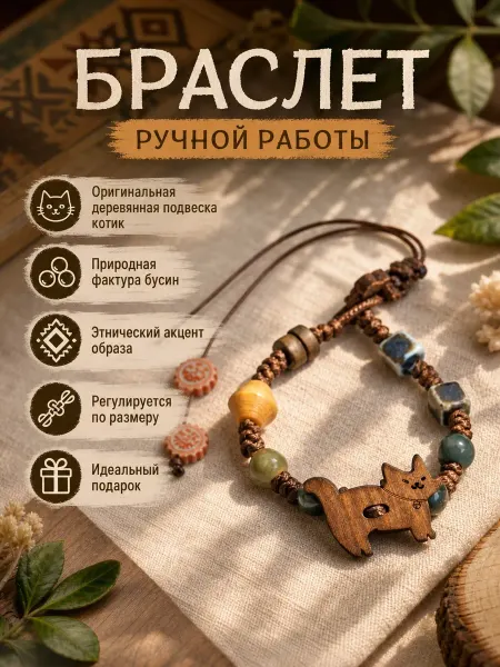 Браслет женский веревочный с кошкой