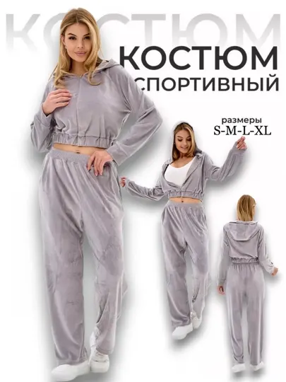 Женский спортивный костюм, двойка, велюровый, с капюшоном, худи + штаны, серый, теплый
