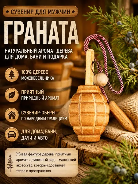 Веллери Мужской сувенир из дерева можжевельника - граната с патроном