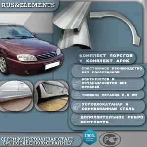 Комплект ремонтных порогов + комплект арок Kia Spectra (Киа Спектра) 2000-2011 г.в.(два порога+две арки+закладная) оцинкованная сталь 0,8 мм