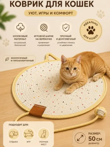 Круглый игровой коврик для кошек из хлопковой веревки с игрушкой для отдыха и игр