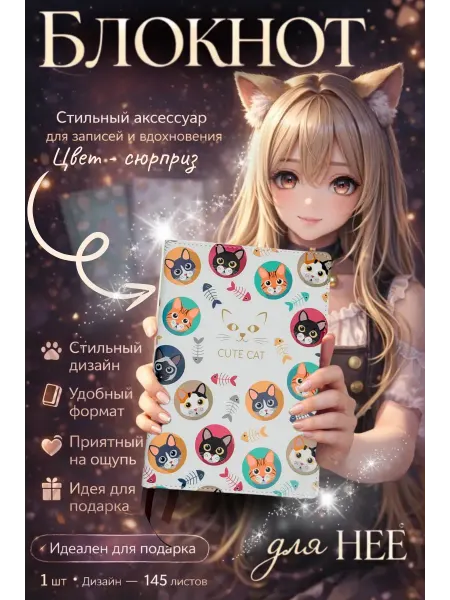 КС01.02 Блокнот для девочек в мягкой обложке подарочный с котиком