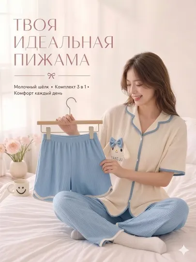 Женская пижама комплект 3 в 1, рубашка, шорты и брюки, 4 цвета, M-XL