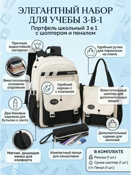 Портфель школьный 3 в 1 с шоппером и пеналом