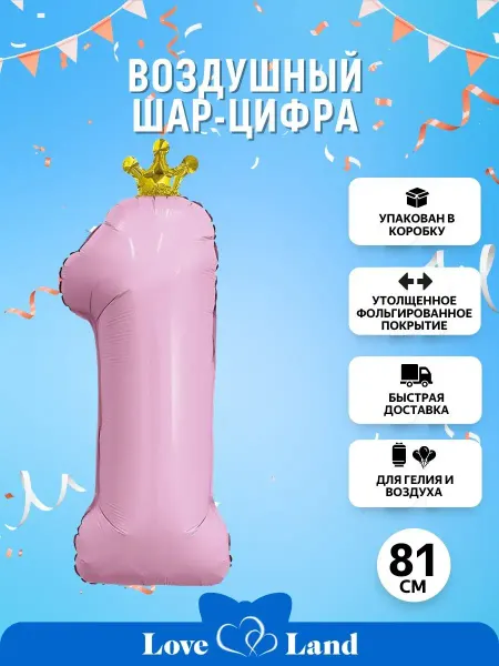 LOVE LAND Воздушный шар цифра 1 с короной на годик 81 см