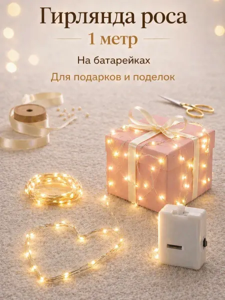 Гирлянда на батарейках маленькая 1 метр белая