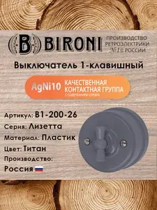 Выключатель 1-клавишный BIRONI Лизетта, пластик, цвет Титан / одноклавишный выключатель в ретро стиле