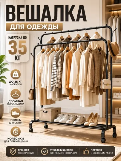Вешалка для одежды напольная двойная, гардеробная стойка до 35 кг