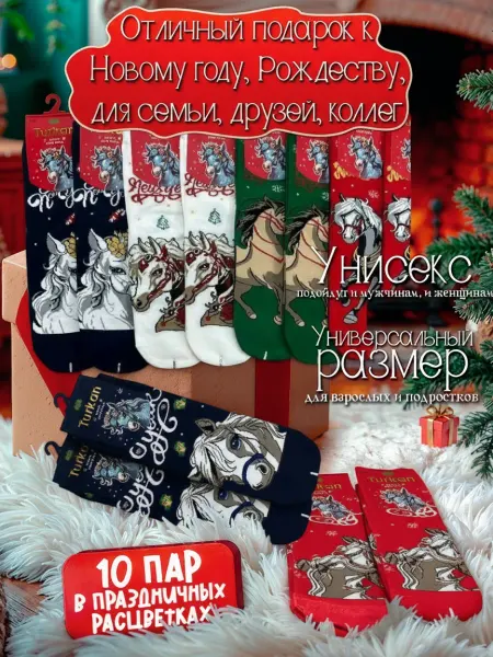 Носки Новогодний с Лошадками Подарочные 10 пар