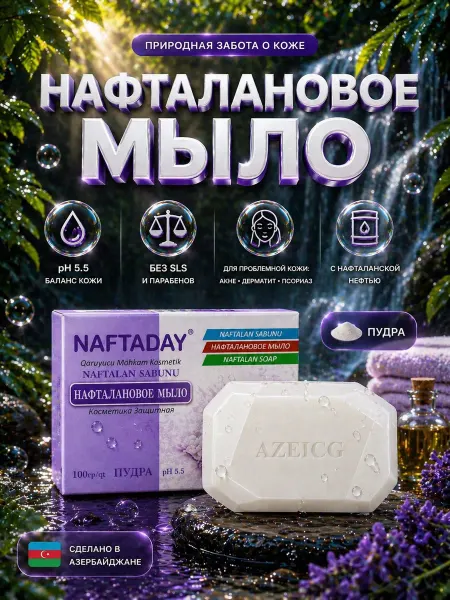 NAFTADAY Мыло твердое с нафталанской нефтью Пудра 2 шт × 100 г