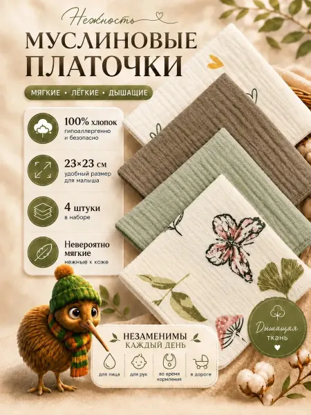 Kiwi kids Муслиновые платочки детские носовые 100% хлопок