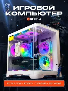 Roo24 Системный блок Игровой компьютер (AMD Ryzen 5 7500F, RAM 32 ГБ, SSD 1000 ГБ, NVIDIA GeForce RTX 5070 (12 Гб), Windows), 75325157756, белый, прозрачный