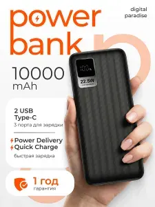 Внешний аккумулятор с быстрой зарядкой Gurdini Speed Series 10000mAh GPPD-01B 2 USB+USB-C 22.5W ,черный, (PowerBank/ПоверБанк)