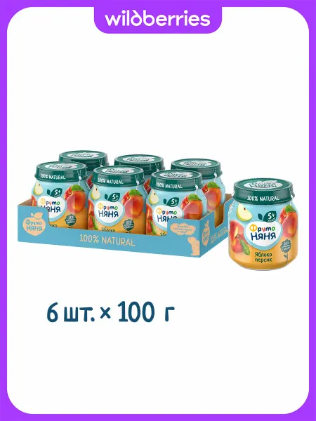 ФрутоНяня Пюре из яблок и персиков, 100г (6 шт)