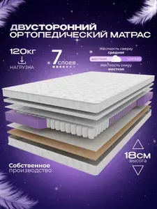 Ортопедический пружинный матрас VITAFLEX Organic CSk 100х185 см, двусторонний, с кокосом, разной жесткости, в рулоне