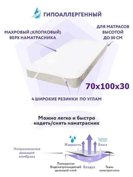 SmartLinen Наматрасник 100х70 непромокаемый на резинке