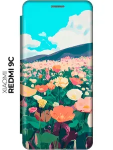 Чехол-книжка на Xiaomi Redmi 10A / 9C с принтом "Поле цветов" золотой