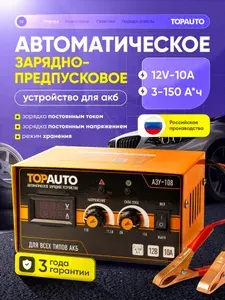 Зарядное устройство для аккумуляторов автомобиля 12В TOPAUTO импульсное предпусковое для АКБ 10А, автоматическое АЗУ-108