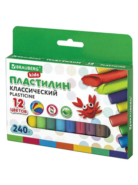BRAUBERG KIDS Пластилин классический 12 цветов, 240 г, высш